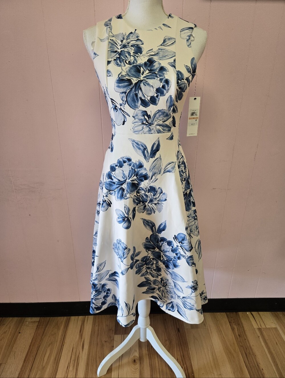 Calvin Klein Sleeveless White Dress with Blue Floral Print